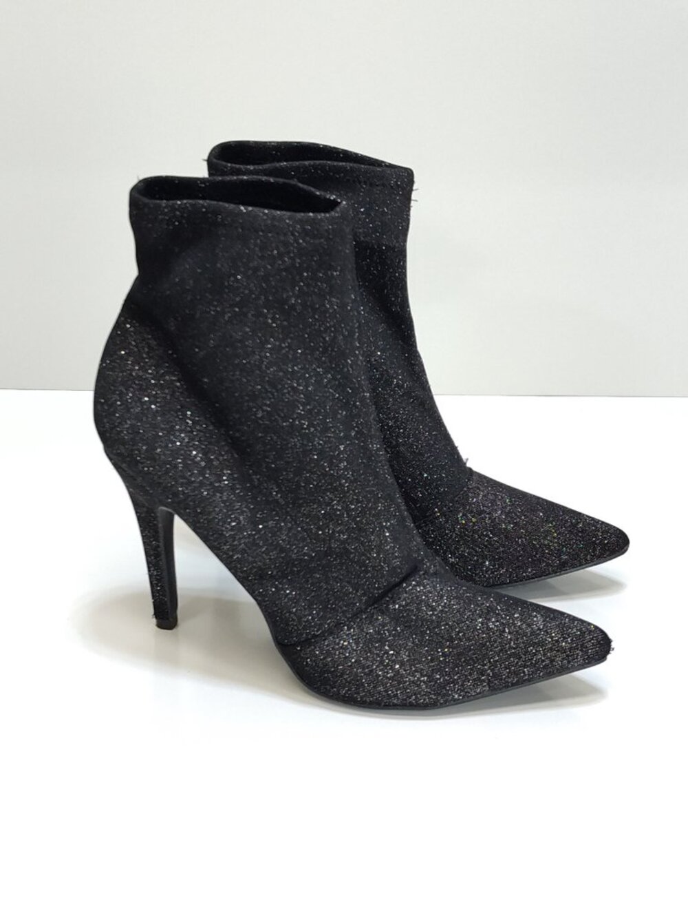 Brash Spicy Sparkle Black Ankle Sock Boot Pointed Toe Slip On Heels Womens Sz 9